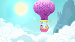 Size: 1280x720 | Tagged: safe, screencap, spike, twilight sparkle, dragon, pony, unicorn, canterlot, canterlot castle, cloud, cloudy, hot air balloon, intro, lens flare, opening, sky, sun, theme song, twinkling balloon