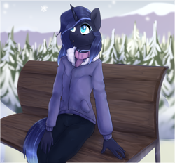 Size: 2692x2500 | Tagged: safe, artist:tigra0118, derpibooru import, oc, oc only, oc:mystic shadow, anthro, unicorn, anthro oc, bench, clothes, female, forest, hair over one eye, hoodie, horn, looking up, mare, open mouth, pants, scarf, sitting, snow, solo, tree, winter, ych result