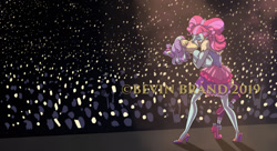 Size: 1280x695 | Tagged: safe, artist:bevin brand, kiwi lollipop, supernova zap, better together, equestria girls, sunset's backstage pass!, audience, background human, background human audience, coming out, commission, female, kissing, kiwinova, lesbian, official fan art, postcrush, shipping, watermark