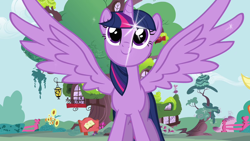 Size: 1280x720 | Tagged: safe, derpibooru import, screencap, applejack, twilight sparkle, twilight sparkle (alicorn), alicorn, earth pony, pony, golden oaks library, intro, looking up, opening, sparkles, spread wings, theme song, wings