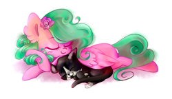 Size: 1024x588 | Tagged: safe, artist:pinkablue, derpibooru import, oc, cat, pegasus, pony, cute, eyes closed, female, flower, flower in hair, mare, simple background, sleeping, white background