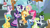 Size: 1920x1080 | Tagged: safe, derpibooru import, screencap, applejack, dark moon, fluttershy, graphite, meadow song, miss hackney, mochaccino, moonlight raven, neon lights, pinkie pie, pokey pierce, polo play, rare find, rarity, rising star, sunshower raindrops, twilight sparkle, twilight sparkle (alicorn), alicorn, earth pony, pegasus, pony, unicorn, the washouts (episode), background pony, bake it like buddy, bleachers, discovery family logo, female, las pegasus resident, male, mare, minty green, ponyville, stallion