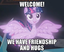 Size: 626x512 | Tagged: safe, derpibooru import, edit, edited screencap, screencap, twilight sparkle, twilight sparkle (alicorn), alicorn, pony, what lies beneath, cropped, female, friendship, hooves, hug, image macro, implied twilight sparkle, mare, meme, open hooves, school of friendship, smiling, solo, sparkles, spread wings, tree of harmony, treelight sparkle, welcome, wings