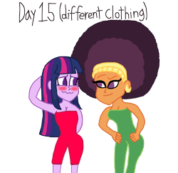 Size: 3000x2903 | Tagged: safe, artist:bigpurplemuppet99, saffron masala, twilight sparkle, equestria girls, 30 day otp challenge, afro, alternate clothes, blushing, equestria girls-ified, female, lesbian, nova clothing, shipping, twiffron