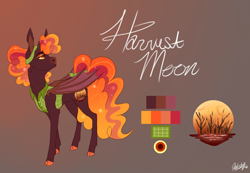 Size: 1538x1067 | Tagged: safe, artist:qatsby, derpibooru import, oc, oc only, oc:harvest moon, alicorn, bat pony, bat pony alicorn, pony, alicorn oc, bow, clothes, cloven hooves, color palette, colored hooves, ethereal mane, female, gradient background, magical lesbian spawn, mare, offspring, parent:applejack, parent:princess luna, parents:lunajack, reference sheet, signature, solo, starry mane, tail bow, vest