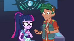 Size: 1280x720 | Tagged: safe, derpibooru import, screencap, sci-twi, timber spruce, twilight sparkle, better together, equestria girls, star crossed, clothes, female, geode of telekinesis, glasses, magical geodes, male, ponytail, shipping, straight, timbertwi