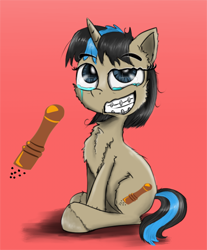 Size: 1500x1811 | Tagged: safe, artist:chopsticks, oc, oc only, unicorn, braces, chest fluff, cutie mark, ear fluff, female, hoof fluff, looking at you, mare, sitting, smiling