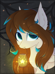 Size: 1388x1860 | Tagged: safe, artist:magicbalance, derpibooru import, oc, oc only, oc:amora bunny, pegasus, pony, chest fluff, commission, digital art, ear fluff, eye clipping through hair, female, folded wings, forest, lantern, looking at you, mare, signature, solo, wings, ych result