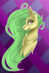 Size: 1215x1793 | Tagged: safe, artist:smileyjoke36, oc, oc only, oc:poison flora, pony, abstract background, beauty mark, bust, chest fluff, ear fluff, ear piercing, earring, fangs, female, jewelry, lidded eyes, long mane, looking at you, mare, piercing, solo