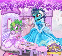 Size: 2800x2500 | Tagged: safe, artist:avchonline, derpibooru import, princess ember, spike, dragon, blushing, castle, clothes, clothes hanger, crossdressing, dress, food, jewelry, princess, sissy, sofia the first, spike the first, tea, tea party, tiara