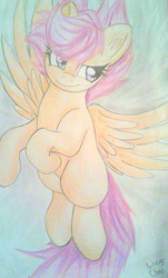 Size: 572x948 | Tagged: safe, artist:envygirl95, derpibooru import, scootaloo, pony, scootaloo can fly, solo, traditional art