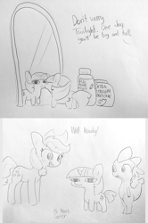 Size: 1710x2575 | Tagged: safe, artist:tjpones, derpibooru import, applejack, spike, twilight sparkle, unicorn twilight, dragon, earth pony, pony, unicorn, 2 panel comic, comic, dialogue, female, grayscale, male, mare, mirror, monochrome, pencil drawing, simple background, size difference, smol, traditional art, twiggie