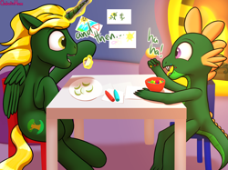 Size: 3460x2584 | Tagged: safe, artist:galacticham, oc, oc only, oc:blaze the dragon, oc:prince ecosis, alicorn, dragon, pony, alicorn oc, apple slice, crayon, crayon drawing, eating, magic, sitting, talking, telekinesis, traditional art, young