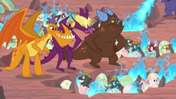 Size: 1920x1080 | Tagged: safe, screencap, baby cinder, baby pinpoint, baby rubble, baby sparks, baby stomp, billy (dragon), fume, spear (dragon), vex, viverno, dragon, sweet and smoky, baby, baby dragon, blue fire, clump, dragon egg, dragonfire, egg, eggshell, fire, fire breath, hair over eyes, hatching, male, teenaged dragon