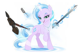 Size: 1024x725 | Tagged: safe, artist:dormin-dim, oc, oc only, oc:diamond dust, pony, unicorn, axe, battle axe, commission, diamond, evil grin, fork, grin, jewelry, looking at you, magic, necklace, pink, rapier, smiling, sword, telekinesis, two toned mane, weapon