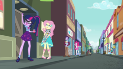 Size: 1280x720 | Tagged: safe, screencap, fluttershy, leafy mint, mile hill, mint chip, pinkie pie, sci-twi, twilight sparkle, better together, equestria girls, run to break free, blue dog, canterlot city, clothes, cute, diapinkes, feet, female, geode of sugar bombs, geode of telekinesis, glasses, legs, magical geodes, male, pants, pantyhose, ponytail, sandals, shoes, shyabetes, sky, twiabetes