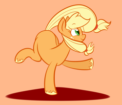 Size: 1024x879 | Tagged: dead source, safe, artist:squirrelsphere, derpibooru import, applejack, earth pony, pony, cute, female, hatless, heart eyes, jackabetes, mare, missing accessory, orange background, profile, simple background, solo, standing, standing on one leg, unshorn fetlocks, wingding eyes