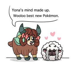 Size: 1000x950 | Tagged: safe, artist:pink-pone, yona, yak, bow, cloven hooves, crossover, cute, dialogue, duo, female, hair bow, heart, monkey swings, pokemon sword and shield, pokémon, simple background, speech bubble, white background, wooloo, yonadorable