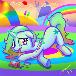 Size: 700x700 | Tagged: safe, artist:gotwin, derpibooru import, oc, oc only, oc:dipsy, canterlot, deviantart, drool, drugs, eyestrain warning, face down ass up, heroin, magic, needs more saturation, psychedelic, rainbow, solo, syringe, teletubbies, tinky winky, tongue out