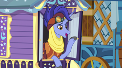 Size: 1280x720 | Tagged: safe, derpibooru import, screencap, hoo'far, pony, saddle arabian, unicorn, road to friendship, clothes, goggles, hoo'far's wagon, male, solo, stallion, trixie's wagon