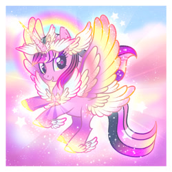 Size: 948x949 | Tagged: safe, artist:conphettey, twilight sparkle, twilight sparkle (alicorn), alicorn, pony, butt wings, chest wings, goddess, horn wings, implied pinkie pie, multiple wings, rainbow, smiling, solo, sparkles, this isn't even my final form, wing ears, winged hooves