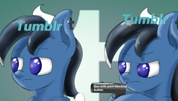 Size: 1212x688 | Tagged: safe, artist:plushcolossus, derpibooru import, oc, oc only, earth pony, pony, abstract background, female, gun, mare, meme, ponified, trust nobody not even yourself, tumblr, tumblr 2018 nsfw purge, tumblr drama, weapon