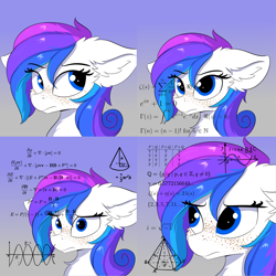 Size: 1500x1500 | Tagged: safe, artist:lunar froxy, oc, oc only, oc:spectral bolt, pegasus, pony, brazil, brazilian meme, bust, calculus, chart, chest fluff, cute, ear fluff, eye clipping through hair, fancy mathematics, featured on derpibooru, female, floppy ears, fluffy, freckles, frown, geometry, gradient background, graph, looking at you, looking up, mare, math, math lady meme, meme, nerds in the comments, number, ocbetes, patreon, patreon reward, ponified meme, raised eyebrow, sideways glance, simple background, solo, text, thinking, weapons-grade cute, wide eyes