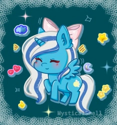 Size: 750x800 | Tagged: safe, artist:mysticalshell, oc, oc:fleurbelle, alicorn, abstract background, adorabelle, alicorn oc, blushing, bow, chibi, cute, eyes closed, female, hair bow, happy, mare, space