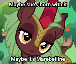 Size: 1214x1024 | Tagged: safe, derpibooru import, edit, edited screencap, screencap, cinder glow, summer flare, kirin, pony, sounds of silence, background kirin, cinderbetes, commercial, cropped, cute, daaaaaaaaaaaw, female, inverted mouth, maybelline (brand), ponified, smiling, solo, text
