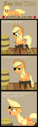 Size: 286x935 | Tagged: safe, artist:cheesepuffs, derpibooru import, applejack, earth pony, pony, amputee, applejack's hat, barrel, comic, cowboy hat, dialogue, eyepatch, female, funny, hat, looking at you, mare, open mouth, peg leg, prosthetic leg, prosthetic limb, prosthetics, quadruple amputee, solo, unamused, yelling