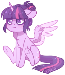 Size: 611x700 | Tagged: dead source, safe, artist:ask-ociel, twilight sparkle, twilight sparkle (alicorn), alicorn, pony, alternate hairstyle, blushing, chest fluff, colored wings, cute, female, hair bun, heart eyes, mare, multicolored wings, no pupils, simple background, sitting, solo, transparent background, twiabetes, wing fluff, wingding eyes, wings