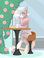 Size: 1800x2408 | Tagged: safe, artist:sugaryicecreammlp, derpibooru import, oc, oc only, oc:takashi, pony, unicorn, female, mare, sitting, solo, table