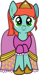 Size: 657x1264 | Tagged: safe, artist:lightningbolt, derpibooru exclusive, derpibooru import, oc, oc only, oc:princess elonrie, earth pony, pony, .svg available, 2019 community collab, clothes, crown, derpibooru community collaboration, dress, female, hoof shoes, jewelry, looking at you, mare, princess, regalia, simple background, smiling, solo, standing, svg, transparent background, vector