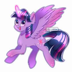 Size: 1000x1000 | Tagged: safe, alternate version, artist:krisscheen, derpibooru import, twilight sparkle, twilight sparkle (alicorn), alicorn, pony, chest fluff, female, looking at you, magic, mare, open mouth, simple background, smiling, solo, spread wings, transparent background, wings