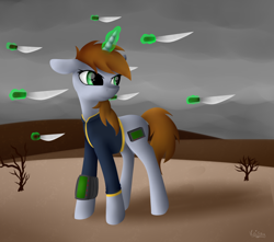 Size: 1024x904 | Tagged: safe, artist:keisaa, derpibooru import, oc, oc only, oc:littlepip, pony, unicorn, fallout equestria, clothes, cloud, cloudy, cutie mark, fanfic, fanfic art, female, glowing horn, hooves, horn, knife, levitation, magic, mare, pipbuck, solo, telekinesis, vault suit, wasteland, weapon