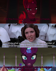 Size: 1920x2424 | Tagged: safe, artist:ejlightning007arts, edit, edited screencap, screencap, tempest shadow, pony, unicorn, my little pony: the movie, broken horn, comic, crossover, eye scar, female, horn, princess leia, scar, sparking horn, star wars, stormtrooper, wrong character, wrong universe