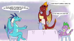 Size: 754x425 | Tagged: safe, artist:chedx, garble, princess ember, spike, dragon, commission, cup, dragoness, female, food, nightmare, tea, teacup, towel, winged spike