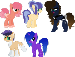 Size: 1061x804 | Tagged: safe, artist:klawiee, oc, oc only, cat pony, hybrid, original species, pegasus, unicorn, armor, base used, colored eyes, colored hooves, colored wings, female, interspecies offspring, magical lesbian spawn, male, offspring, parent:big macintosh, parent:capper dapperpaws, parent:flash sentry, parent:fluttershy, parent:pinkie pie, parent:princess luna, parent:rarity, parent:twilight sparkle, parents:capperity, parents:flashlight, parents:fluttermac, parents:lunapie, paws, scar, sparkly mane, tail wrap, tp, unnamed oc