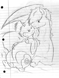 Size: 732x960 | Tagged: safe, artist:nightmareeclipse, oc, oc:applerose, oc:ari, pegasus, pony, unicorn, belly, belly button, chest fluff, female, hairband, hoof on belly, lined paper, male, mare, pregnant, size difference, stallion, traditional art, unshorn fetlocks