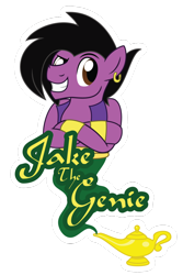 Size: 730x1095 | Tagged: safe, artist:captshowtime, oc, oc only, oc:jake the genie, earth pony, pony, badge, clothes, commission, con badge, convention badge, ear piercing, earring, genie, jewelry, lamp, magic lamp, male, piercing, simple background, smiling, smirk, smoke, solo, stallion, transparent background, vest