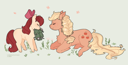 Size: 900x460 | Tagged: safe, artist:cxpreolus, artist:maykitz, derpibooru import, apple bloom, applejack, earth pony, pony, adorabloom, alternate hairstyle, blank flank, bow, braid, braided tail, chest fluff, cute, duo, eyes closed, female, filly, flower, hair bow, jackabetes, mare, mouth hold, profile, prone, simple background