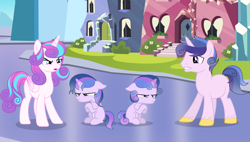 Size: 5184x2936 | Tagged: safe, artist:staricy097, princess flurry heart, oc, oc:ever, oc:lovely shining, oc:never, pony, unicorn, base used, male, offspring, older, parent:princess cadance, parent:shining armor, parents:shiningcadance, stallion, twins