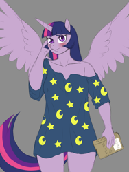 Size: 1200x1600 | Tagged: safe, alternate version, artist:lurking tyger, twilight sparkle, twilight sparkle (alicorn), alicorn, anthro, book, clothes, female, mare, pajamas, simple background, smiling, solo