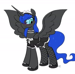 Size: 2031x1999 | Tagged: safe, artist:selenophile, derpibooru import, nightmare moon, alicorn, pony, blushing, clothes, cute, female, fishnet stockings, maid, mare, simple background, solo, spread wings, white background, wings