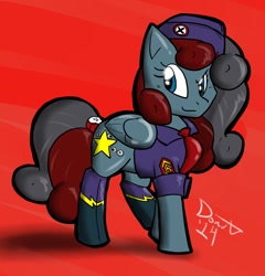 Size: 609x635 | Tagged: source needed, useless source url, safe, artist:theburningdonut, derpibooru import, oc, oc only, pegasus, pony, female, mare, red background, shadowbolts, shadowbolts dress uniform, simple background, smiling, smirk, solo