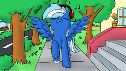 Size: 1920x1080 | Tagged: safe, artist:exobass, derpibooru import, oc, oc only, oc:exobass, pegasus, pony, female, flower, flower pot, happy, headphones, music, music notes, solo, stairs, street, tree, wings