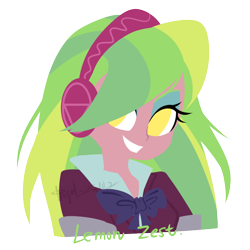 Size: 992x992 | Tagged: safe, artist:snow angel, lemon zest, equestria girls, bowtie, bust, clothes, crystal prep academy uniform, empty eyes, female, headphones, no catchlights, no pupils, portrait, school uniform, simple background, solo, transparent background