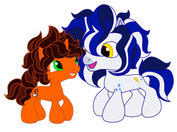 Size: 870x650 | Tagged: safe, artist:guidomista, artist:miiistaaa, artist:nijimillions, oc, oc:paid postage, oc:triple shot, earth pony, pony, unicorn, g3, g3.5, art style challenge, big hair, big mane, chibi, coat markings, coffee, curls, curly hair, curly mane, curly tail, freckles, gay, generation 3.5, golden eyes, green eyes, horn, mail, mailpony, male, ponysona, smiling, spots, spotted, stallion, style challenge, style emulation