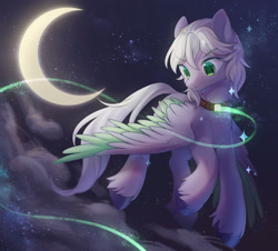 Size: 2100x1900 | Tagged: safe, artist:leafywind, derpibooru import, oc, oc only, pegasus, pony, cloud, collar, colored hooves, colored pupils, colored wings, colored wingtips, ear fluff, flying, male, moon, night, night sky, sky, solo, spread wings, stallion, starry eyes, starry night, unshorn fetlocks, wingding eyes, wings