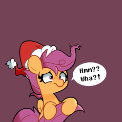Size: 1280x1280 | Tagged: safe, artist:turtlefarminguy, derpibooru import, scootaloo, pegasus, pony, christmas, clothes, cute, exclamation point, female, filly, hat, holiday, interrobang, question mark, santa hat, simple background